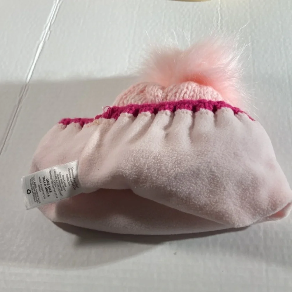 Girls Wonder Nation Pink Fleece Lined Knit Faux Fur Pom Hat